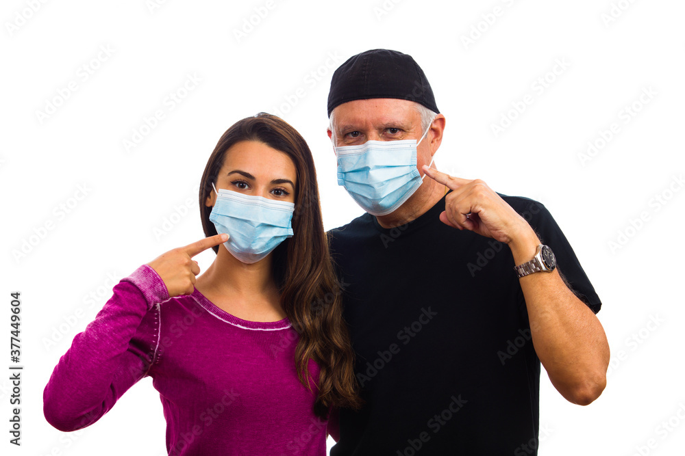 Father and Daughter wearing a protective mask on a white background Father and Daughter wearing a protective mask on a white background