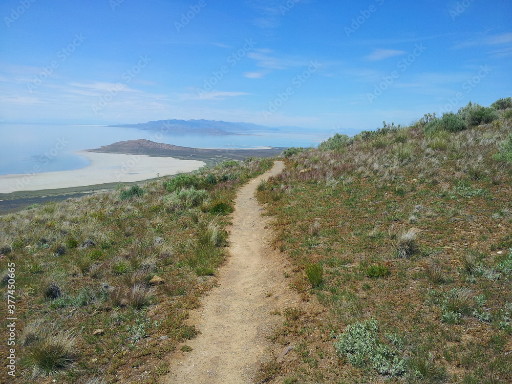 View of Antelope Island from Frary Peak hiking trail, Antelope Island State Park, Utah