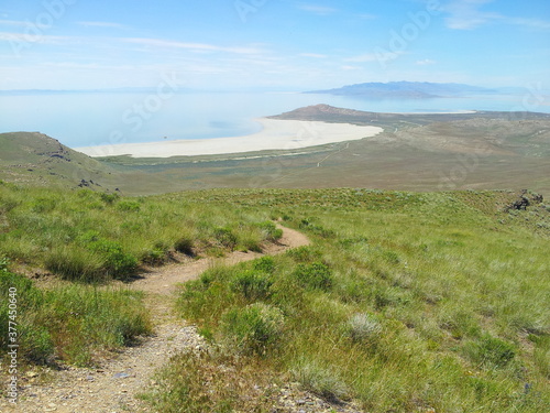 View of Antelope Island from Frary Peak hiking trail, Antelope Island State Park, Utah