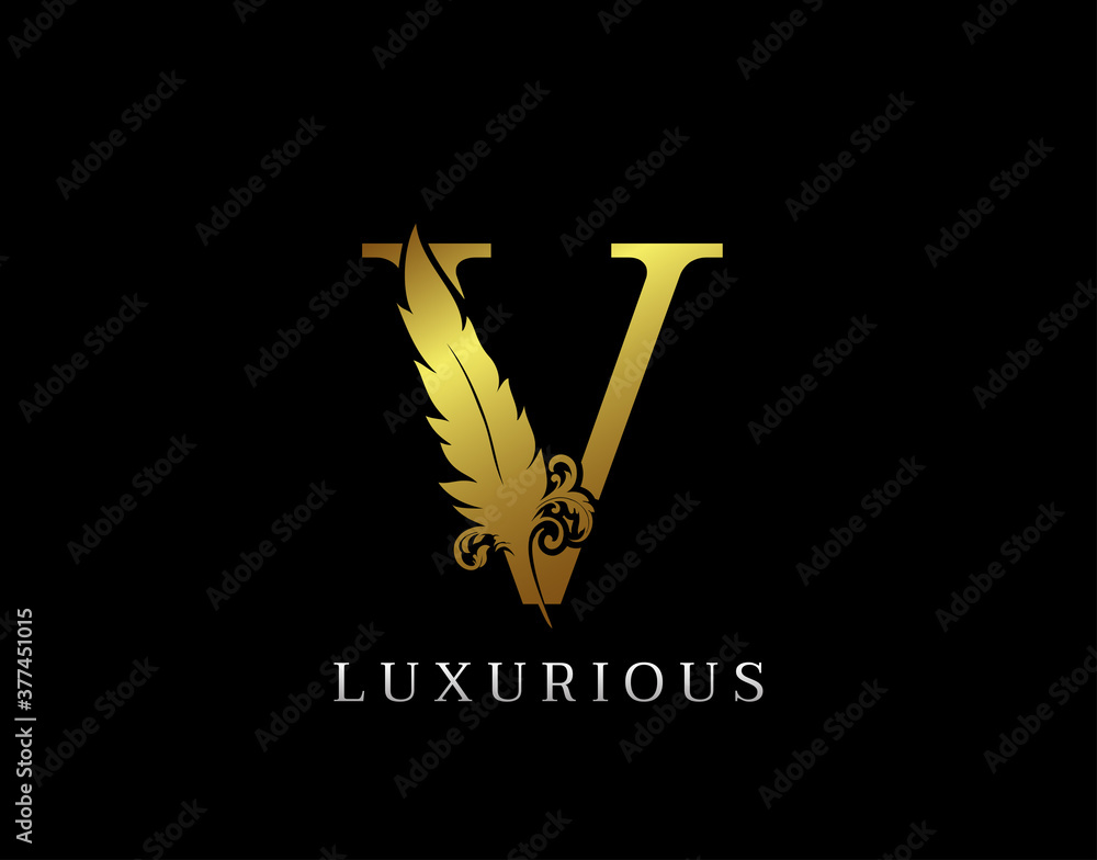 Golden Feather Letter V Luxury Brand Logo icon, vector design concept ...