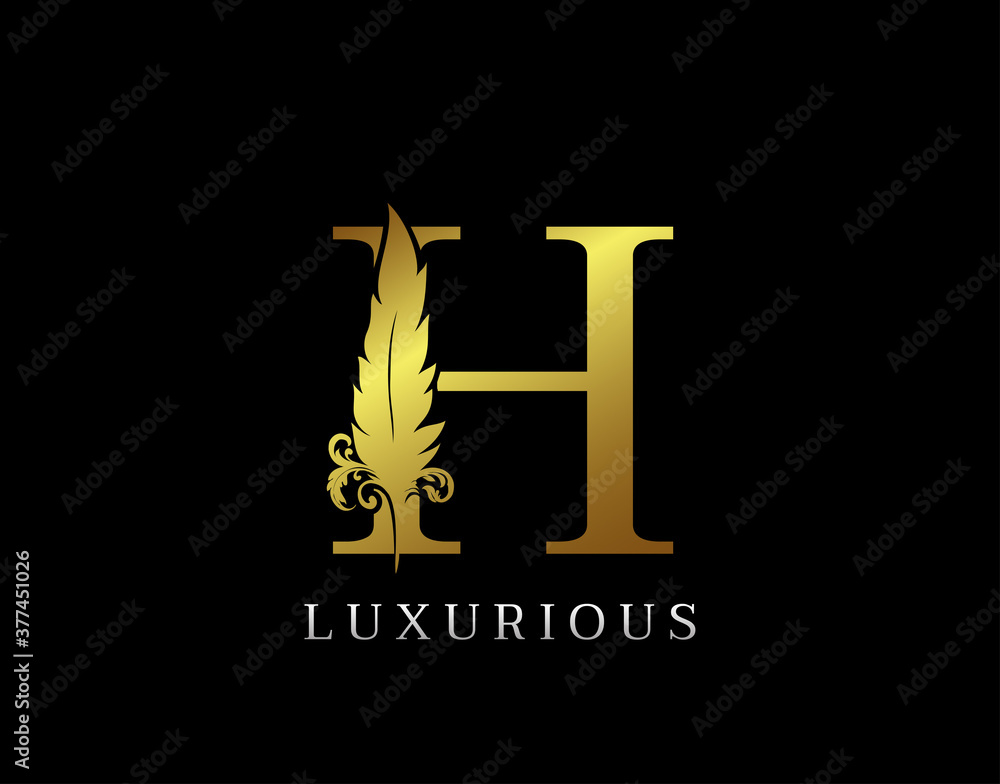 Golden Feather Letter H Luxury Brand Logo icon, vector design concept feather with letter for initial luxury business, firm, law service, boutique and more brand identity. Golden Feather Letter H Luxury Brand Logo icon, vector design concept feather with letter for initial luxury business, firm, law service, boutique and more brand identity.