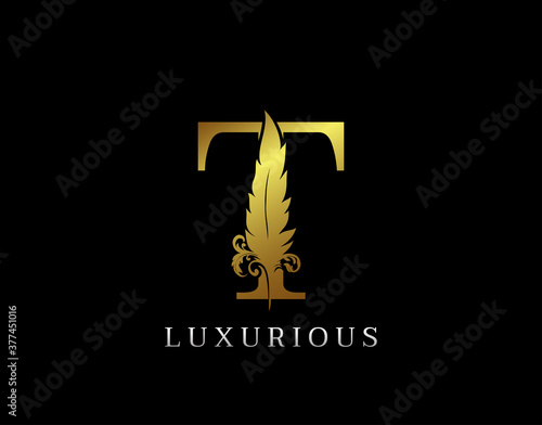 Golden Feather Letter T Luxury Brand Logo icon, vector design concept feather with letter for initial luxury business, firm, law service, boutique and more brand identity.