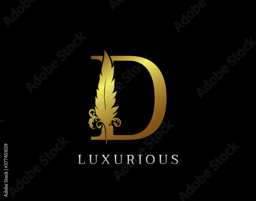 Golden Feather Letter D Luxury Brand Logo icon, vector design concept feather with letter for initial luxury business, firm, law service, boutique and more brand identity.