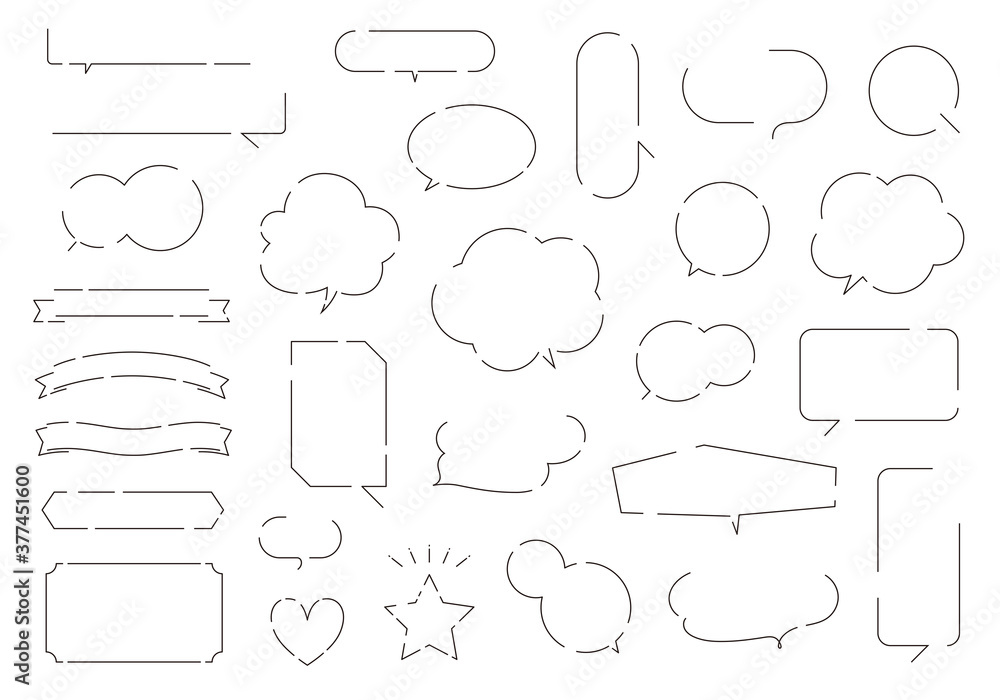 Obraz premium 途切れ線の吹き出し＆リボンのセット（モノクロ）