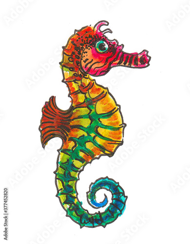 Rainbow colored seahorse. Ink and watercolor drawing