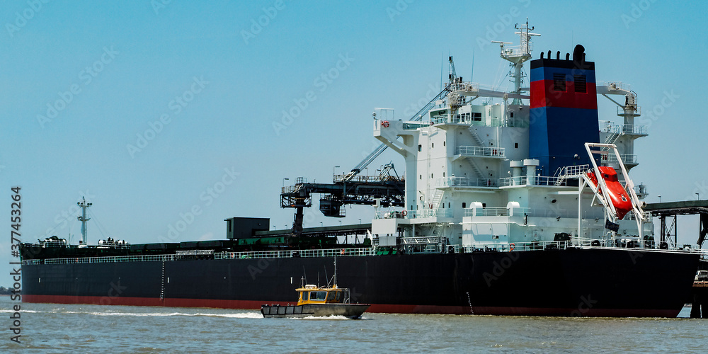 Fototapeta premium A 229 meter Bulk Carrier Ship loading at a Gladstone Harbour terminal. Queensland, Australia