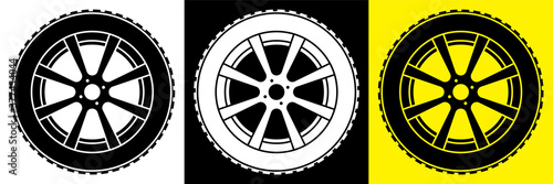 wheel with tire and winter rubber tread. Winter tires for car. Driving on slippery road. Driving safety. Vector in flat style