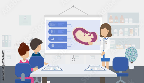 Fertility clinic consultation with doctor and patients flat design vector illustration
