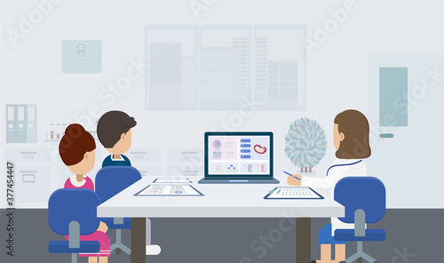 Fertility clinic consultation with doctor and patients flat design vector illustration