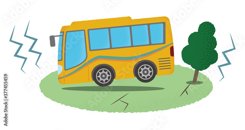 地震の被害に遭う黄色い観光バスのベクターイラスト