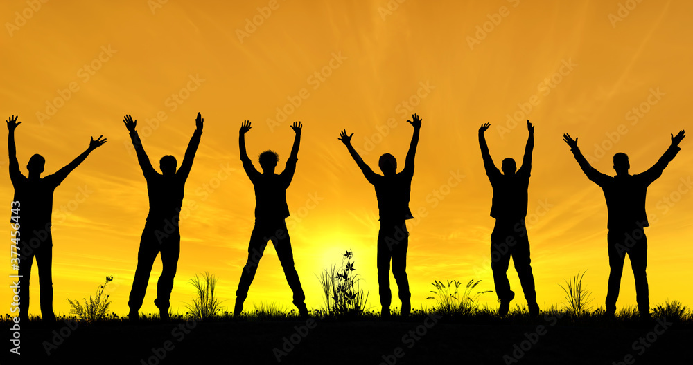 Silhouettes of young men celebrating freedom while social distancing