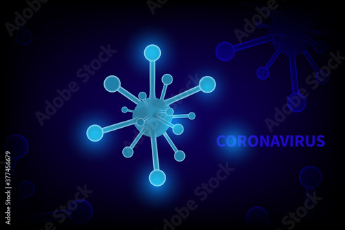 Coronavirus cells abstract background Coronavirus cells and text on dark blue background. Immunology, virology, epidemiology concept. Vector illustration.