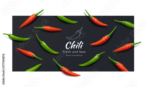 Chili pepper red and green fresh and new pattern, realistic design on balck background, Eps 10 vector illustration