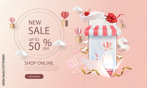 paper art online shopping  on smart phone  buy sell on mobile technology marketing vector illustration.
