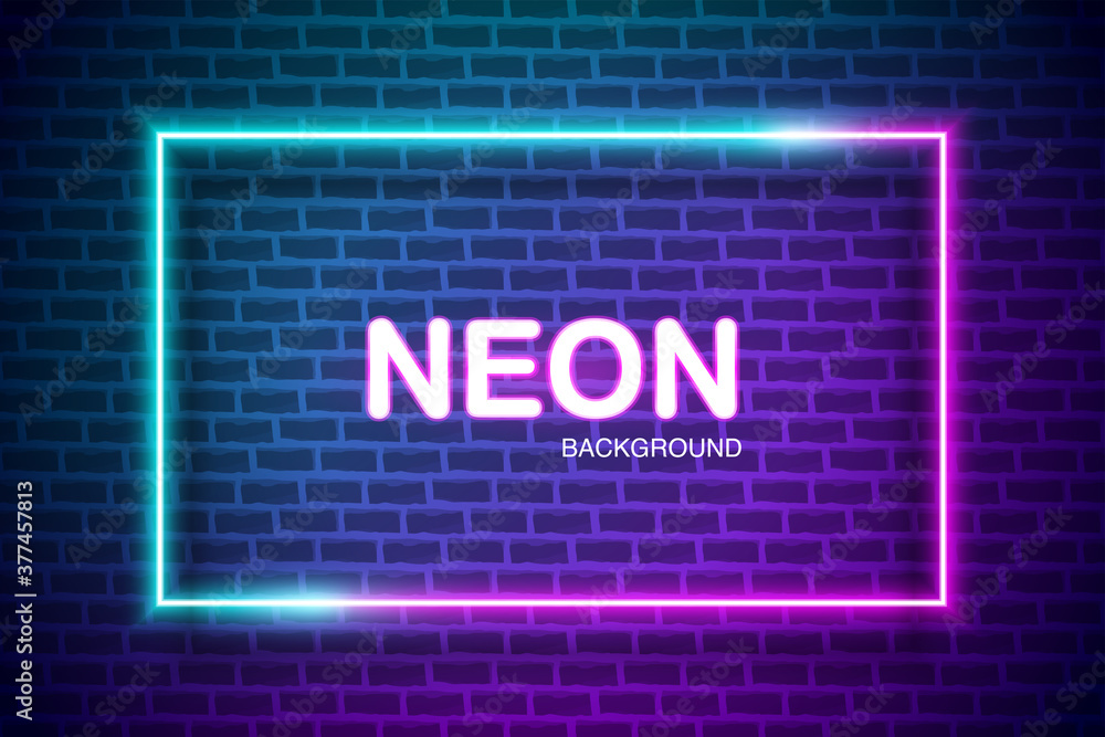 Futuristic abstract blue and pink neon light rectangle frame on brick wall background. Neon background with copy space for advertising, banner and poster. vector illustration Futuristic abstract blue and pink neon light rectangle frame on brick wall background. Neon background with copy space for advertising, banner and poster. vector illustration