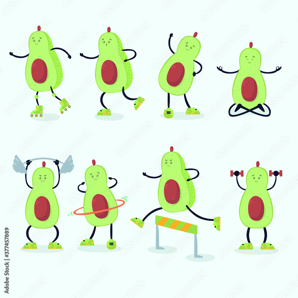 cute avocados characters doing exercise cute avocados characters doing exercise