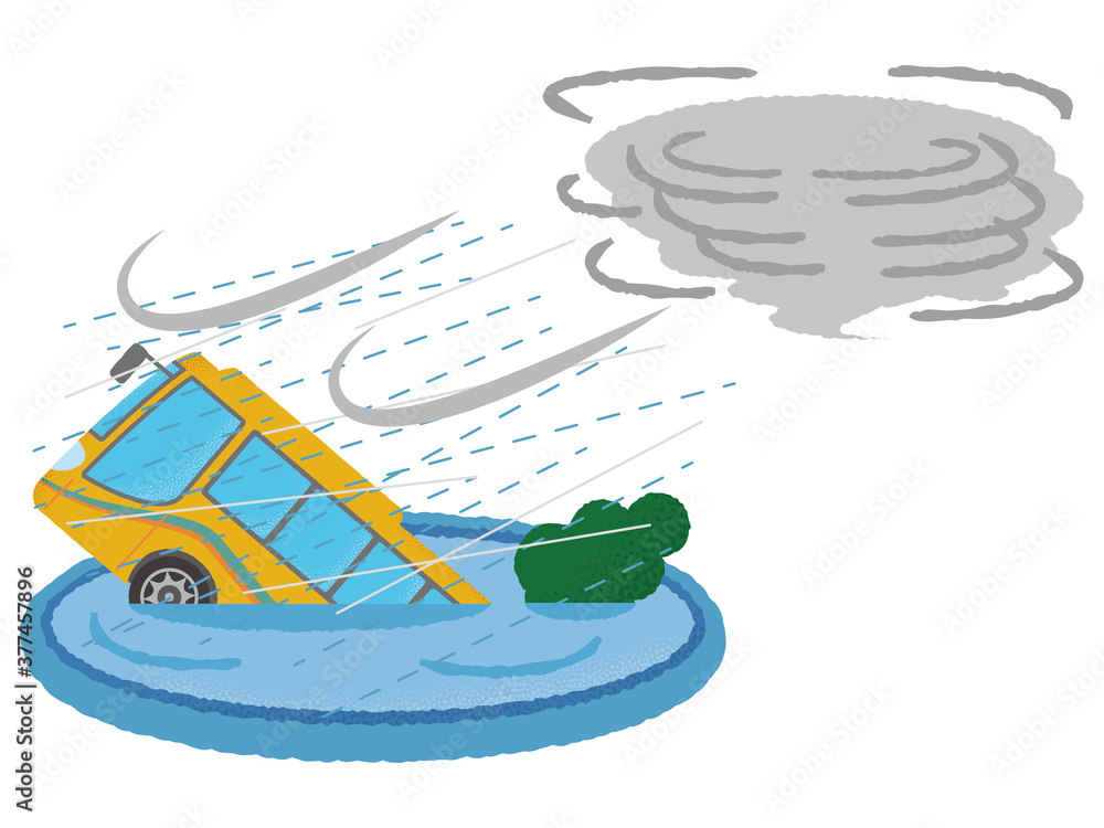 台風の被害に遭う黄色い観光バスのベクターイラスト Stock Vector | Adobe Stock