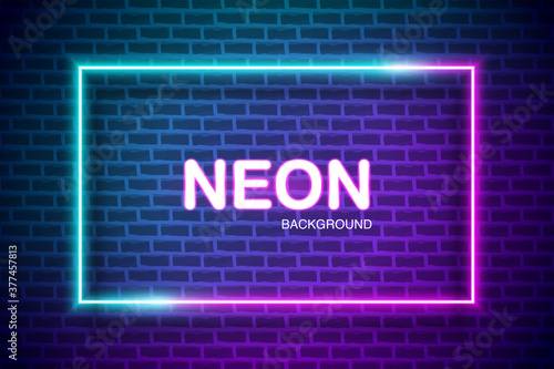 Futuristic abstract blue and pink neon light rectangle frame on brick wall background. Neon background with copy space for advertising, banner and poster. vector illustration