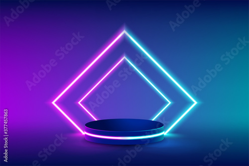 Empty neon stage for product replacement with futuristic rectangle blue and pink neon light background. vector illustration