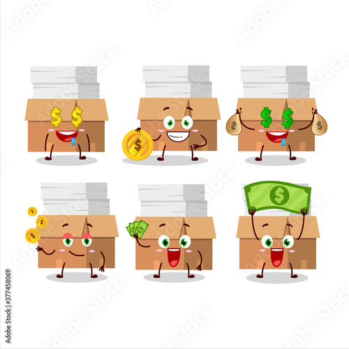 Office boxes with paper cartoon character with cute emoticon bring money