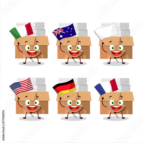 Office boxes with paper cartoon character bring the flags of various countries