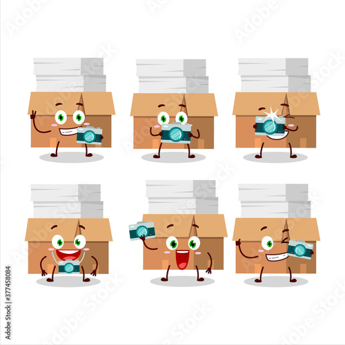 Photographer profession emoticon with office boxes with paper cartoon character