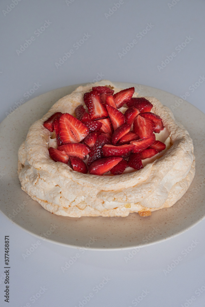 Australian Pavlova Meringue Cake, filled with Chantilly Cream, Dulce de Leche and Strawberries Australian Pavlova Meringue Cake, filled with Chantilly Cream, Dulce de Leche and Strawberries