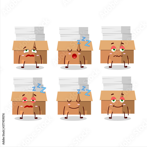 Cartoon character of office boxes with paper with sleepy expression