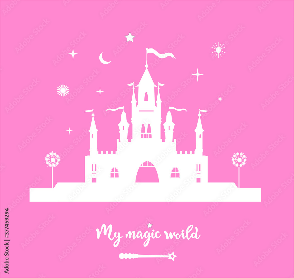 Vector illustration of white medieval castle with lettering and magic wand isolated on pink