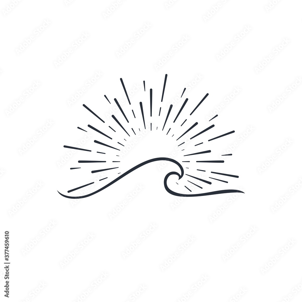 Wave and sun. Vector linear icon isolated on white background.