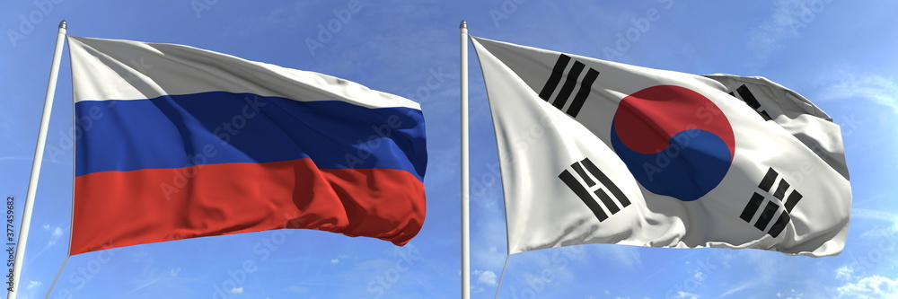 Flags of Russia and South Korea on flagpoles. 3d rendering Flags of Russia and South Korea on flagpoles. 3d rendering