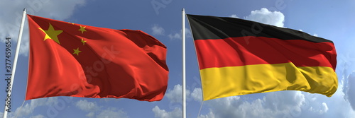 Flags of China and Germany on flagpoles. 3d rendering