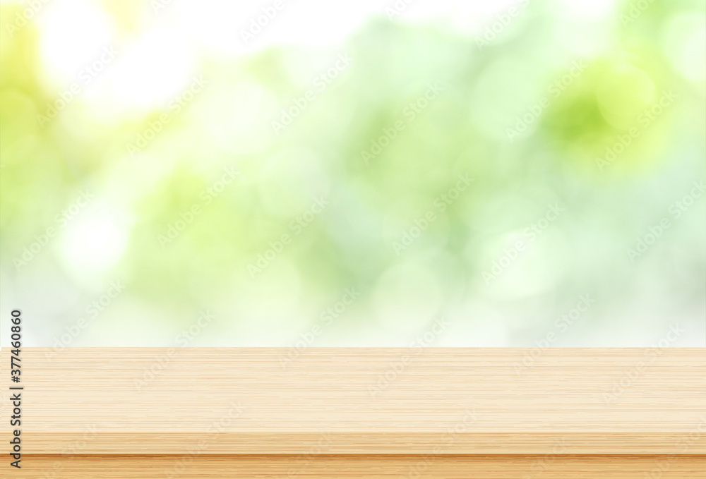 Empty wood table top on blur green from garden background, Template mock up for display of product Empty wood table top on blur green from garden background, Template mock up for display of product