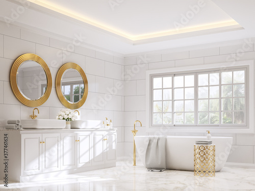 Classical style bathroom 3d render,There are white marble floor and white wall tile with brick pattern,Decorate with golden object ,Rooms have large windows, overlook terrace and nature view.