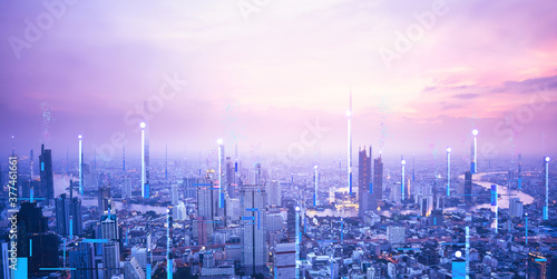 Digital technology modern city network in cyber punk theme color concept