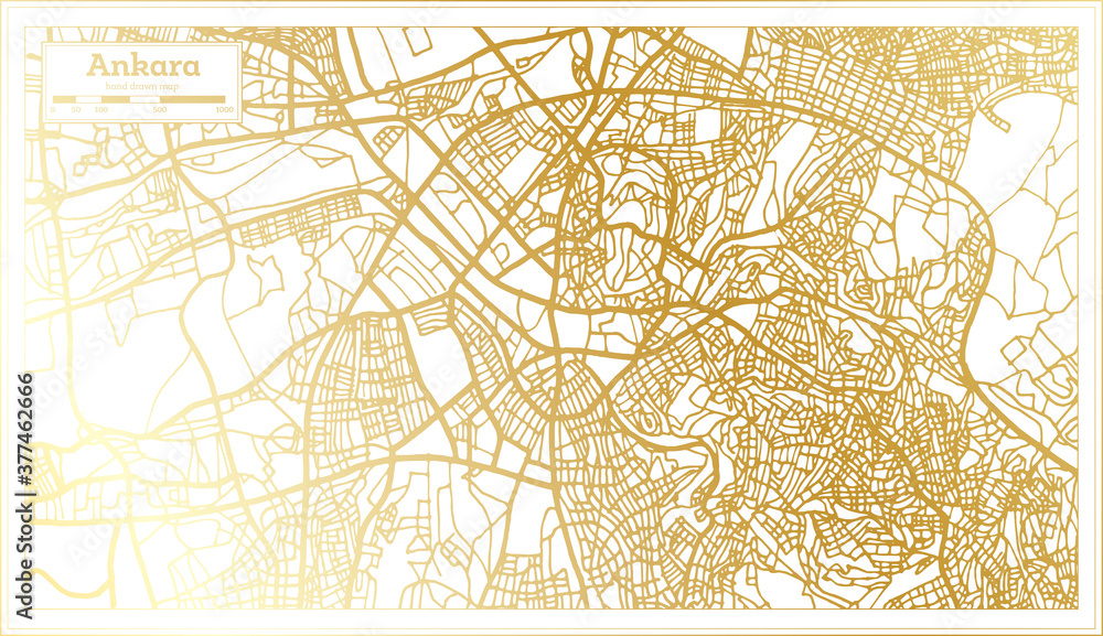Ankara Turkey City Map in Retro Style in Golden Color. Outline Map.