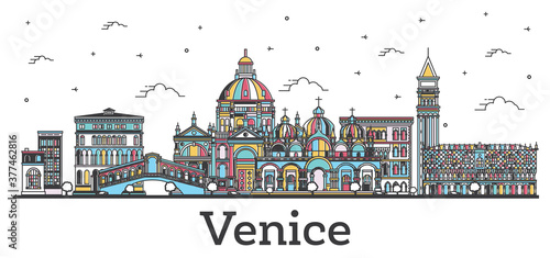 Outline Venice Italy City Skyline with Color Buildings Isolated on White.