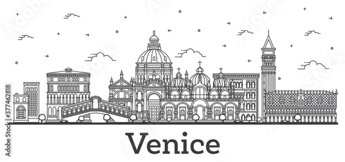Outline Venice Italy City Skyline with Historic Buildings Isolated on White.