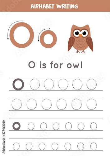 Tracing alphabet letter O with cute cartoon owl.