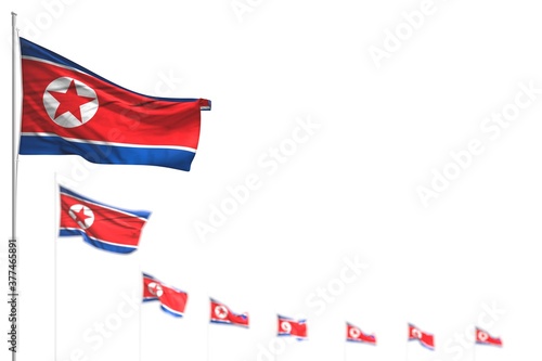 nice North Korea isolated flags placed diagonal, photo with soft focus and place for your text - any feast flag 3d illustration..