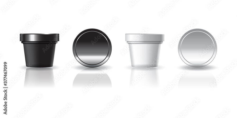 Black and white cosmetic or food round cup with lid for beauty, healthy or food product. Black and white cosmetic or food round cup with lid for beauty, healthy or food product.