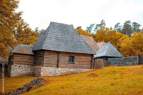 peasant house with thatched roof and tile built of clay and brick © florinfaur