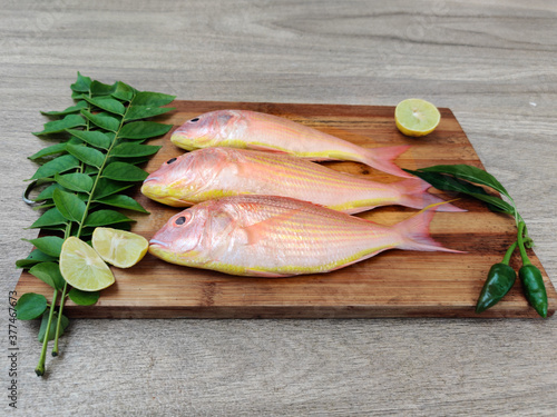 Fresh and ready to cook raw pink Perch fish with ingredients like lemon,chilli and tomatoes on a wooden pad,white background, selective focus. photo