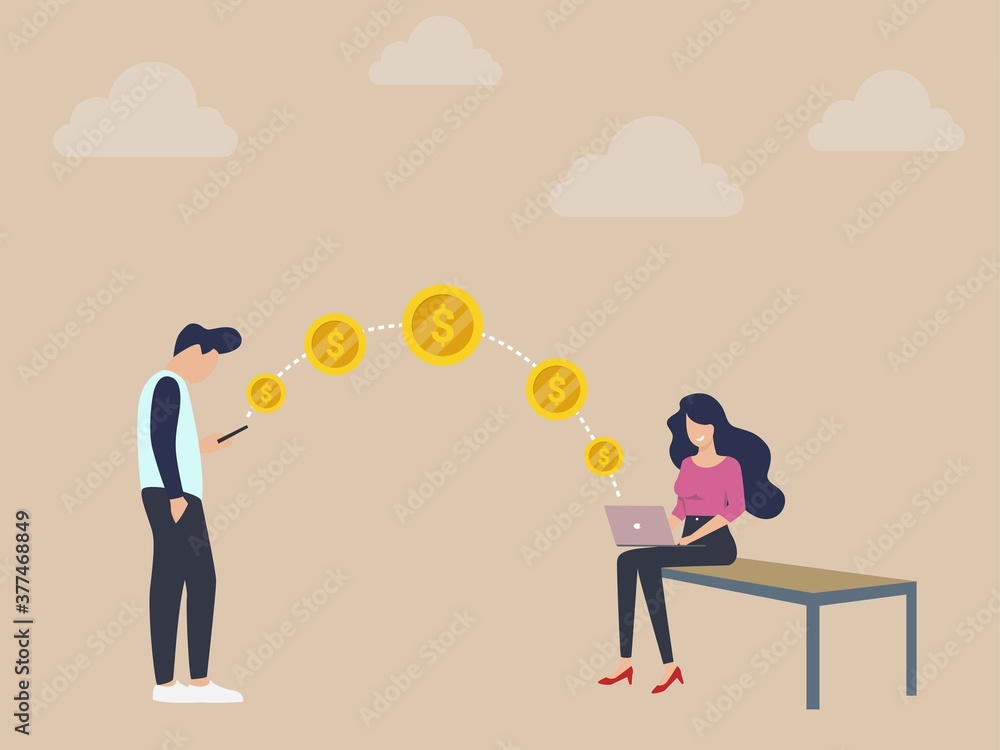 Man sending money to another user's computer using a mobile app: cryptocurrency and money transfer concept Man sending money to another user's computer using a mobile app: cryptocurrency and money transfer concept