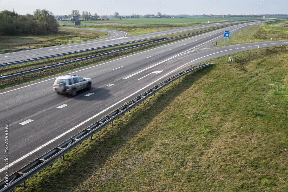 Almost deserted A6 motorway in the Netherlands near Lemmer following government advice to stay at home and avoid taking the road to limit corona virus spread