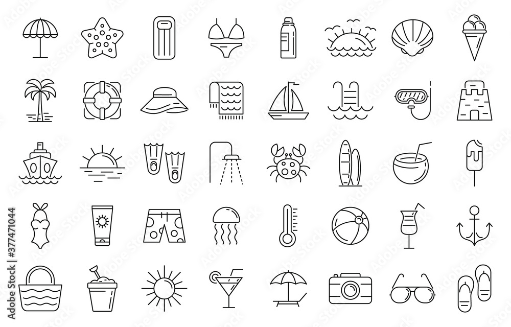 Naklejka premium Beach icons set. Outline set of beach vector icons for web design isolated on white background