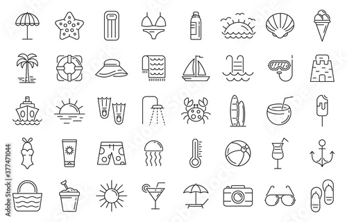 Beach icons set. Outline set of beach vector icons for web design isolated on white background