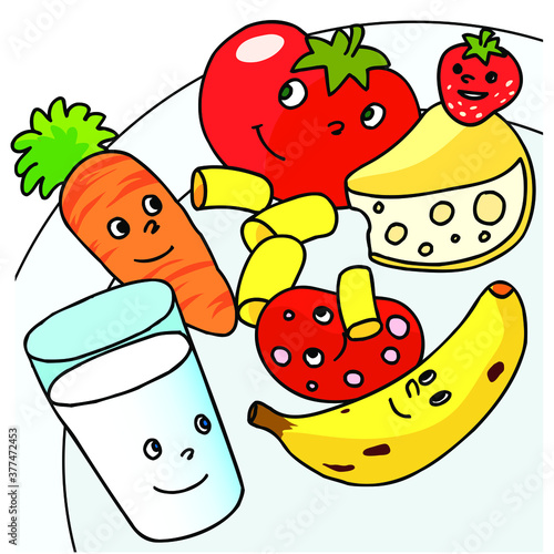 Cibo, alimentazione bambini, personaggio mascotte simpatico, stile fumetto per educazione alimentare a scuola e famiglia concetto piatto con pasta e frutta.