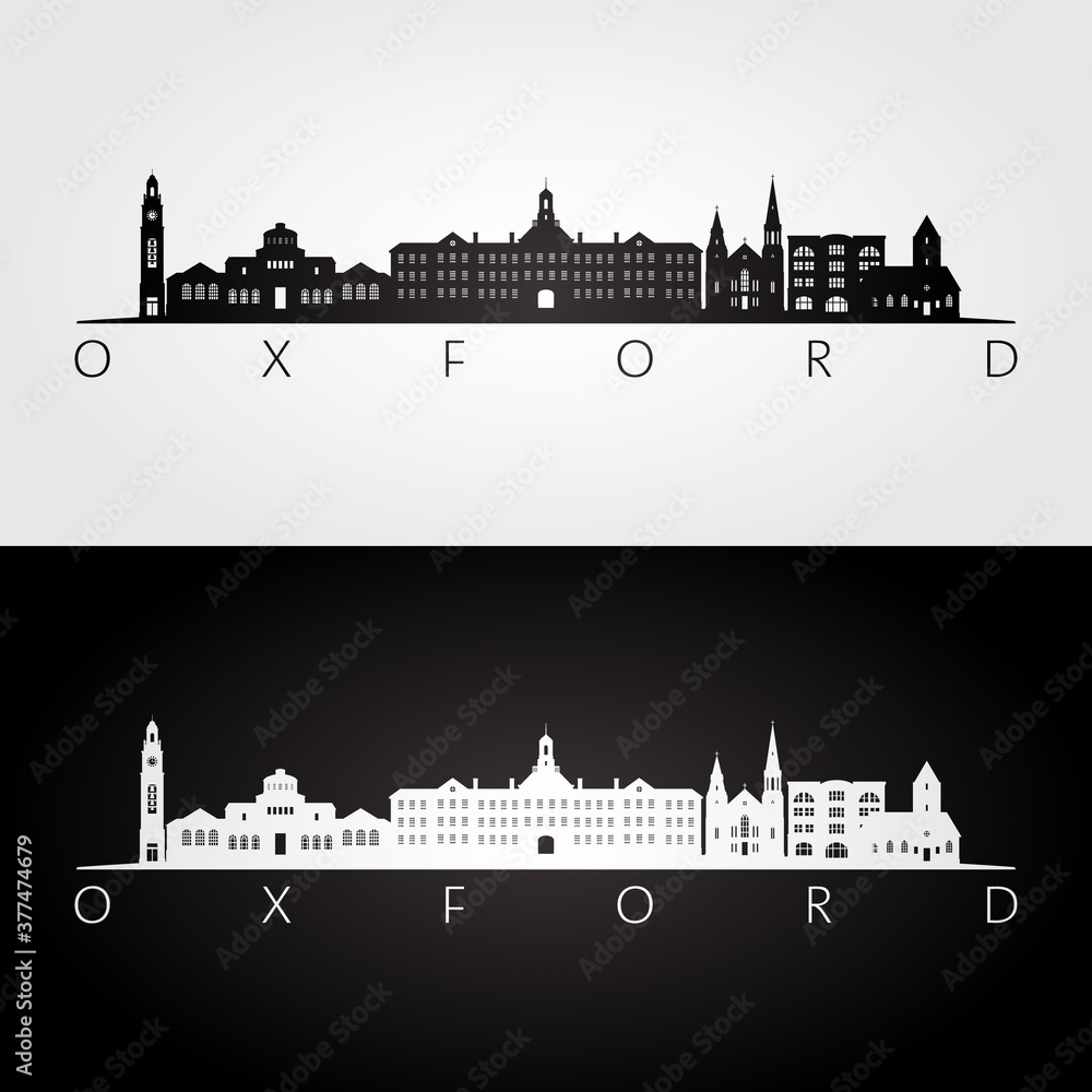 Oxford, Ohio skyline and landmarks silhouette, black and white design, vector illustration.