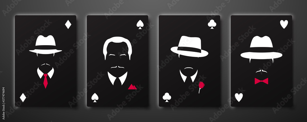 Four aces with mafia men silhouettes. Playing card set. Stock vector illustration. - obrazy, fototapety, plakaty 